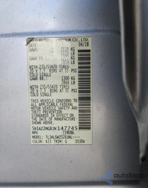 2018 Nissan Murano S из США, поврежденный, VIN 5N1AZ2MG8JN147745